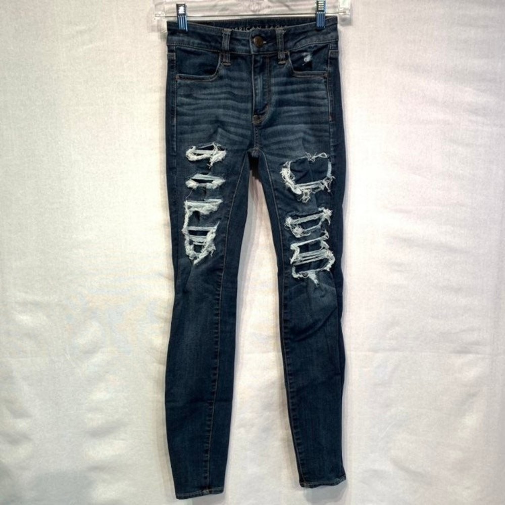 American Eagle Hi-Rise Jegging 360 stretch Distressed medium dark wash jeans 00